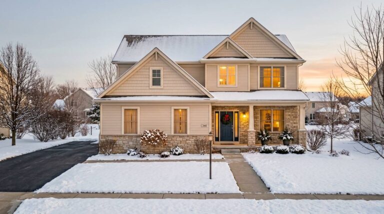 Finished new construction home exterior in Omaha Nebraska during winter