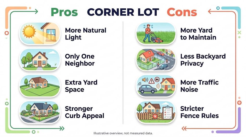 Colorful infographic summarizing the pros and cons of a corner lot