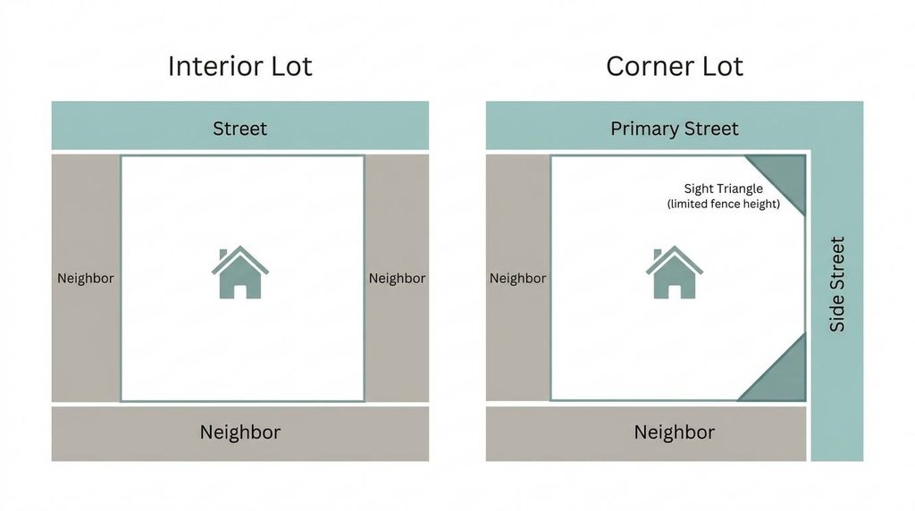 Diagram comparing a corner lot layout to a standard interior lot