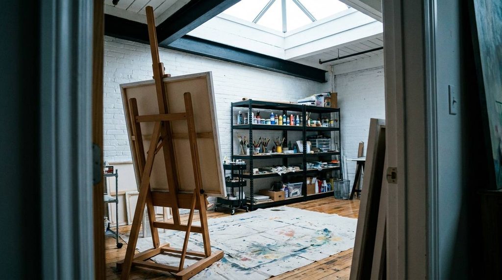 Industrial loft style art studio flex room idea with easel
