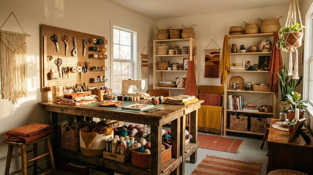 Eclectic bohemian craft studio flex room idea with pegboard wall