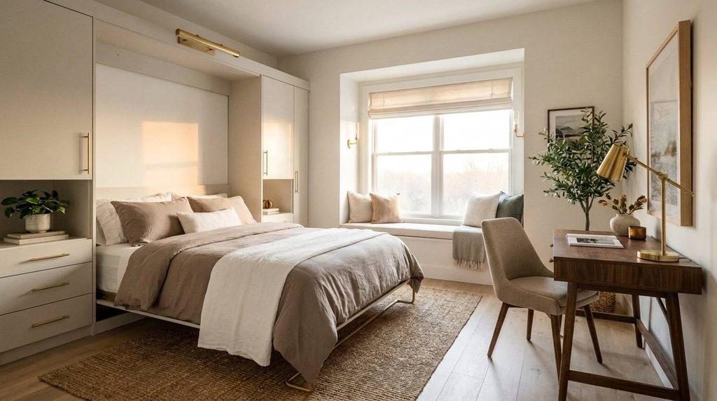 Modern guest room flex room idea with open Murphy bed and desk