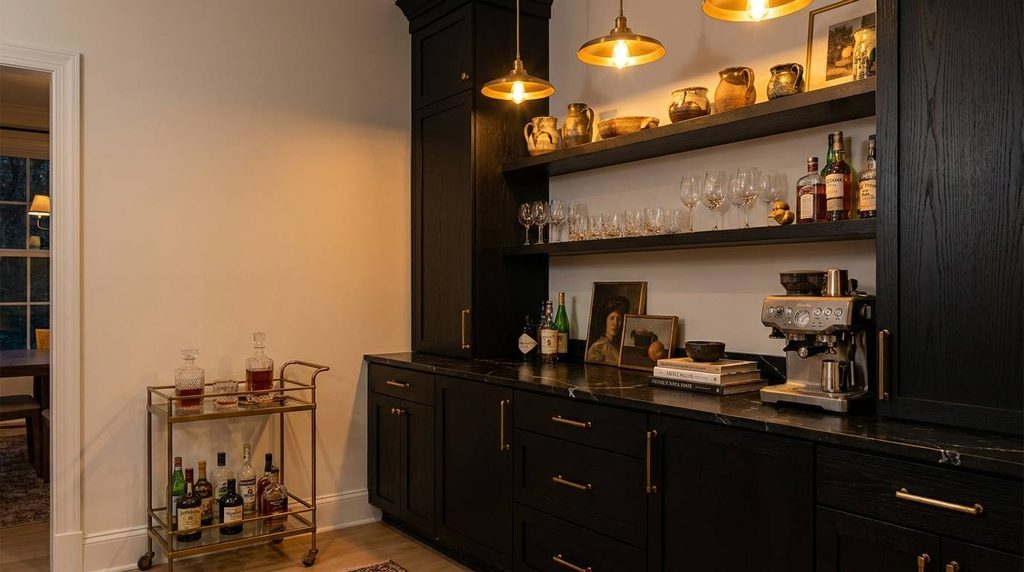Transitional home bar and coffee nook flex room idea