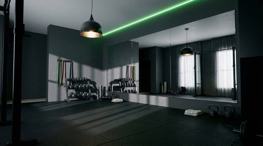 Moody modern home gym flex room idea with rubber flooring