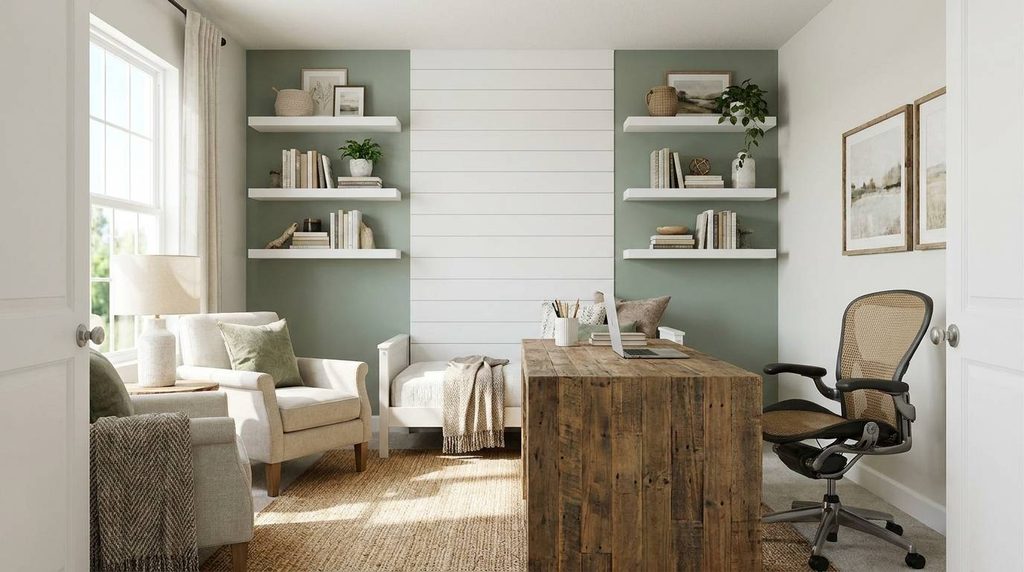 Modern farmhouse home office flex room idea with built-in shelving