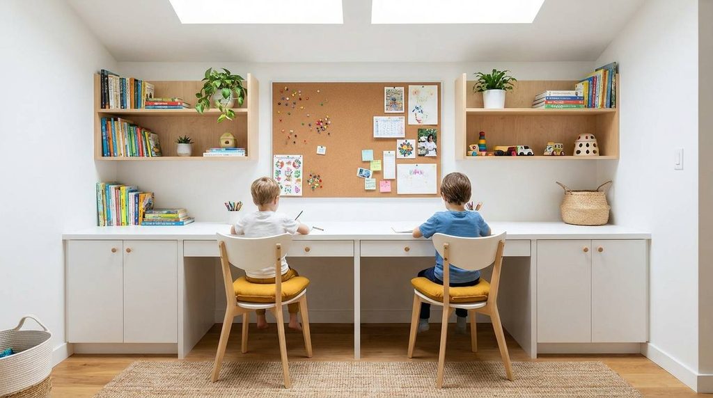 Scandinavian style homework pod flex room idea with built-in desk
