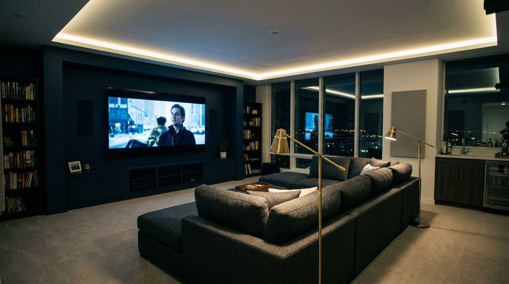 Contemporary media and entertainment hub flex room idea