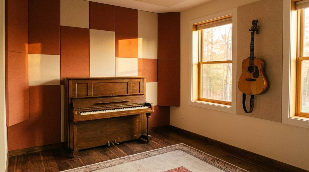 Warm acoustic music practice room flex room idea with piano