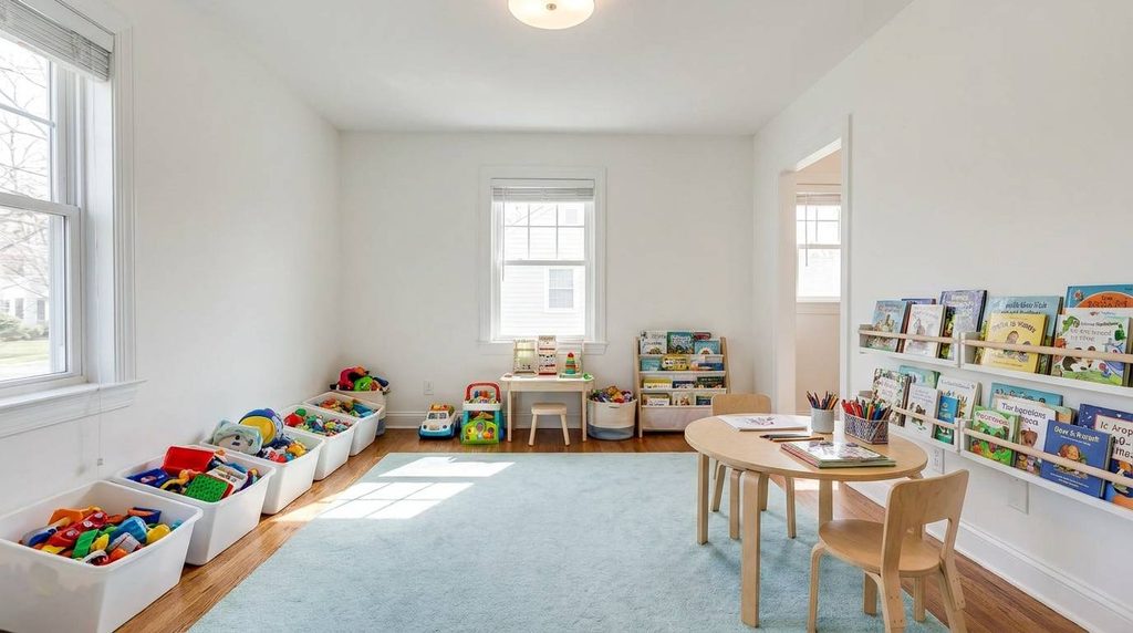 Bright transitional playroom and study area flex room idea