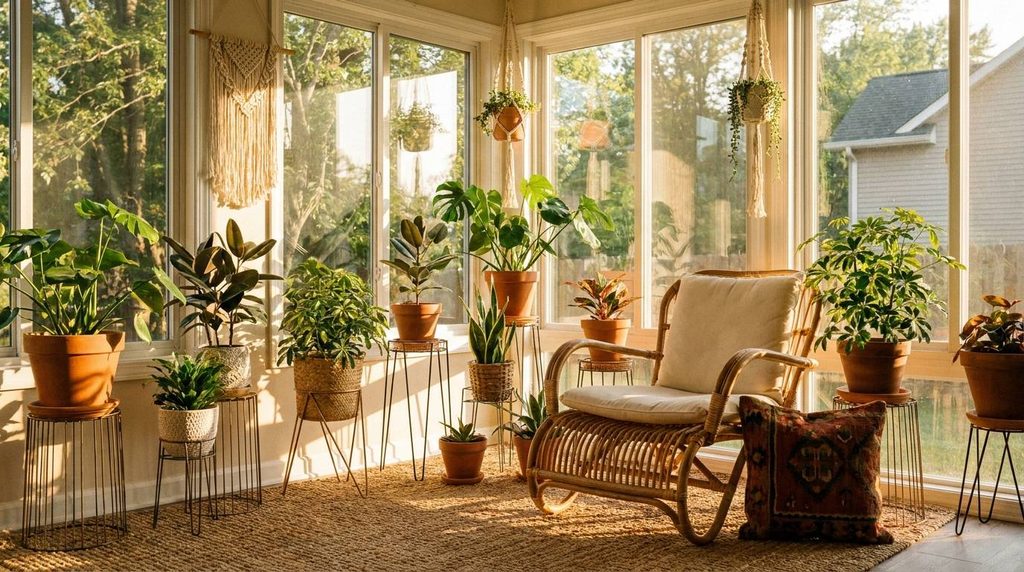 Bohemian sunroom flex room idea filled with indoor plants