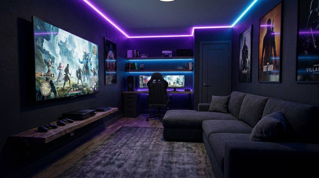 Dark moody teen gaming den flex room idea with LED lighting