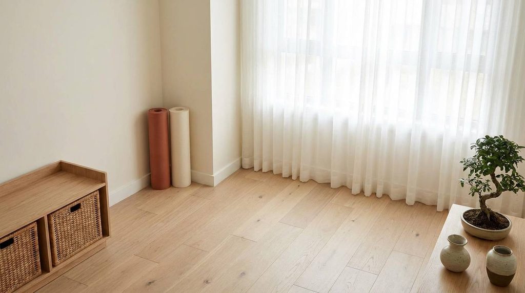 Minimalist Japandi yoga and meditation studio flex room idea