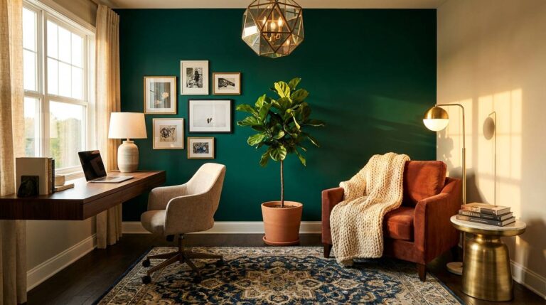 Stunning flex room design combining a stylish office and lounge corner