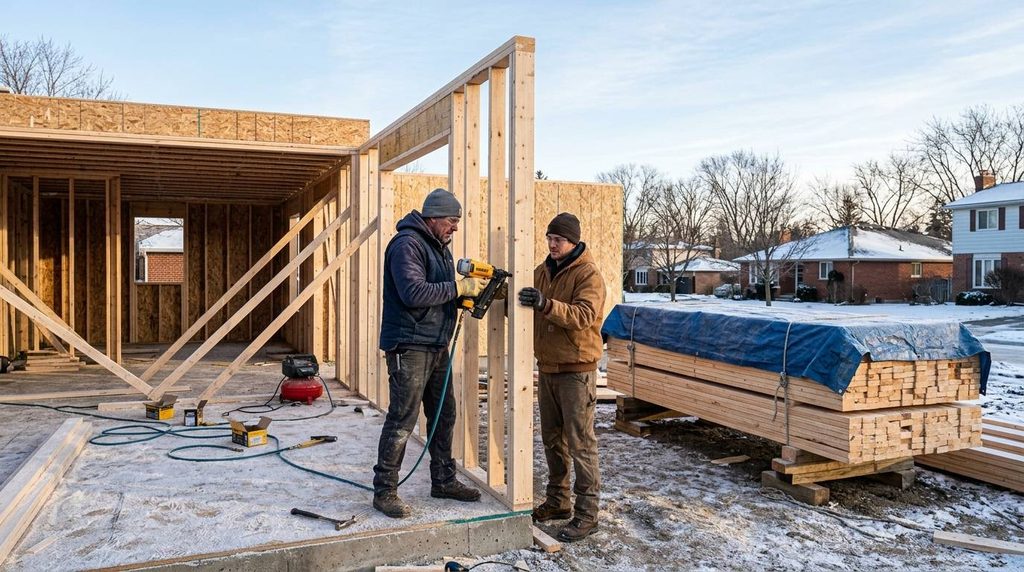 Framing crew building house walls outdoors during an Omaha area winter