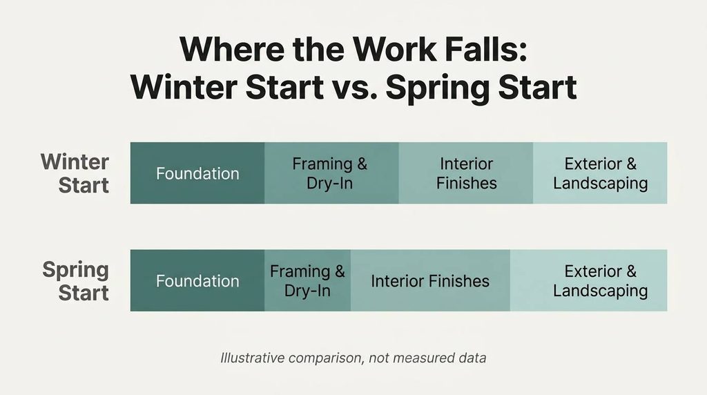 Illustrative timeline comparing winter start and spring start home builds